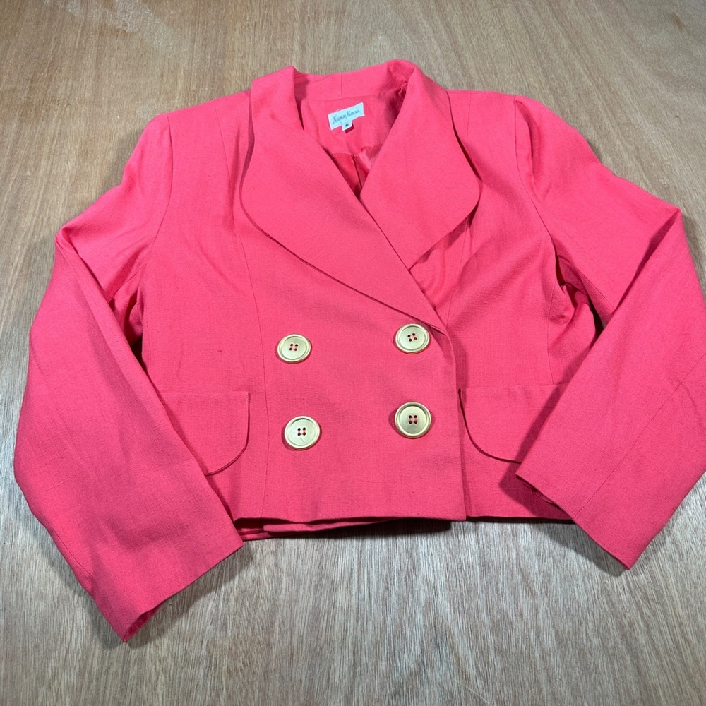 Neiman Marcus Blazer Women 6 Coral Linen Blend Cropped Double Breasted Gold